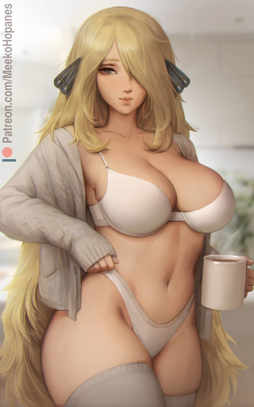 1girls big_breasts blinding_bangs blonde_hair bra breasts cardigan child_bearing_hips cleavage clothed clothed_female coffee_mug cynthia_(pokemon) female female_only hair_ornament hair_over_one_eye human large_breasts long_hair looking_at_viewer meekohopanes mug navel nintendo panties pokemon pokemon_dppt smile solo standing thick_thighs thighhighs thighs underwear very_long_hair voluptuous wide_hips