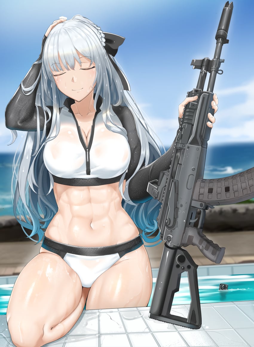 abs absurdres ak-12 ak-12_(girls'_frontline) arm_up bangs bikini blue_sky blush braid breasts camera chiyo_goya cleavage closed_eyes closed_mouth collarbone crop_top day eyebrows_visible_through_hair facing_viewer female girls'_frontline gun hand_on_own_head hidden_camera highres holding holding_gun holding_weapon kalashnikov_rifle large_breasts leg_up long_hair long_sleeves navel ocean outdoors partially_unzipped pool see-through silver_hair sky solo stomach swimsuit thighs tile_floor tiles very_long_hair weapon wet wet_clothes white_bikini zipper