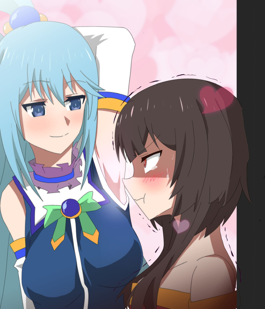 2girls against_wall aqua_(konosuba) armpit_fetish armpit_focus armpits bare_shoulders big_breasts blue_eyes blue_hair blush brainwashing brown_hair crying femdom femsub flat_chest goddess hair_ornament heart helpless holding_breath hypnosis hypnotic_smell kono_subarashii_sekai_ni_shukufuku_wo! megumin movement_lines multiple_girls musk pendant red_eyes resisting shaking sleeves smell smirk sparkle sweat tied_up uncaring wall white_background yuri ze_r0_ze_r0