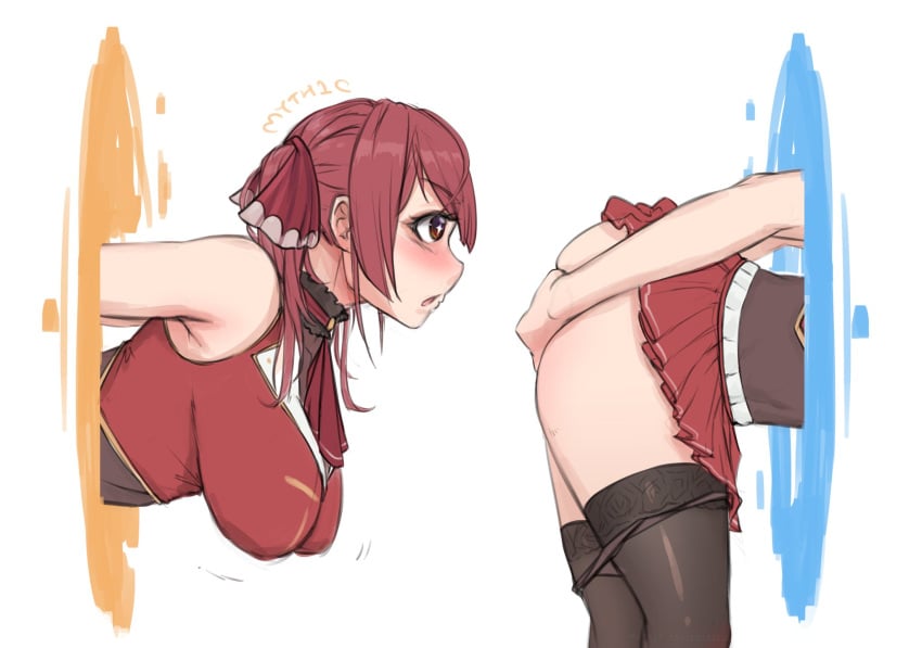 ass big_ass big_breasts blush breasts hololive hololive_fantasy hololive_japan houshou_marine meme myth1c panties panties_down pirate portal portals red_hair skirt star_eyes thick_thighs thighhighs thinking_with_portals virtual_youtuber