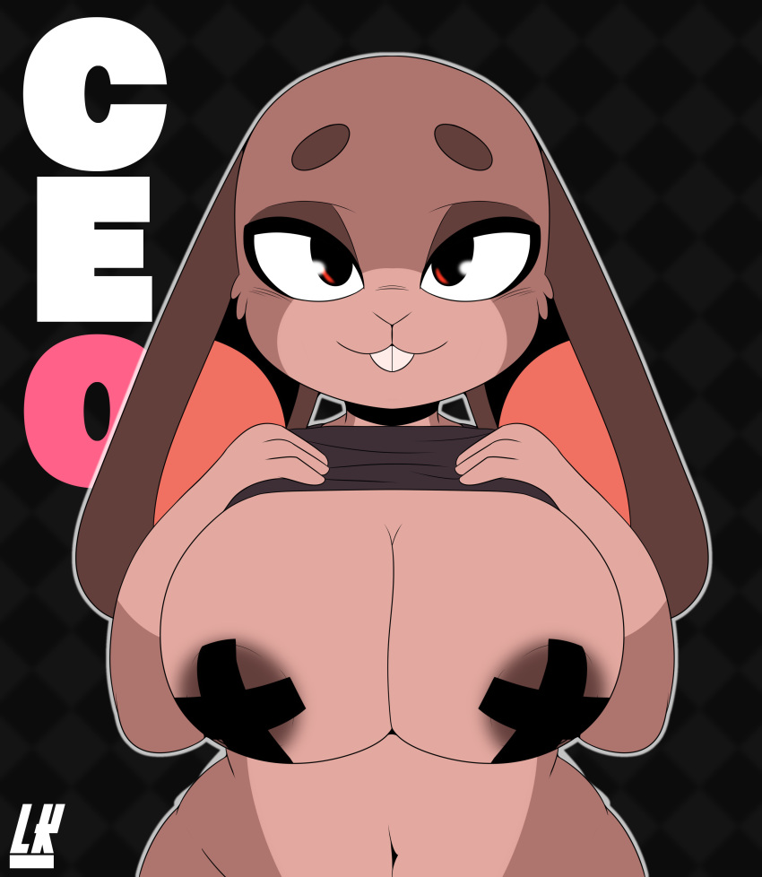 2021 absurd_res anthro beat_banger big_breasts black_eyes breasts brown_body brown_fur claire_(komponi) clothed clothing clothing_lift curvy_figure digital_drawing_(artwork) digital_media_(artwork) elaine_claire female fur furry hi_res lagomorph leporid lobokosmico looking_at_viewer mammal navel nipple_tape pasties rabbit shirt signature simple_background solo tank_top tape teeth text thick_thighs topwear wide_hips