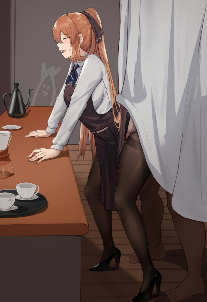 1boy 1girls ^_^ ^o^ absurdres apron arm_support barefoot behind_curtain black_footwear black_heels black_legwear blush breasts brown_apron brown_hair closed_eyes clothed_female_nude_male coffee_cup collared_shirt cup curtains female from_behind_position from_side full_body girls'_frontline hair_ribbon heels hetero hetero_sex high_heels high_ponytail highres leaning_forward light-skinned_female light_blush light_brown_hair long_hair medium_breasts nude nude_male pantyhose ponytail pumps saucer sex sex_from_behind skirt_lift springfield_(girls'_frontline) standing standing_sex stealth_sex straight straight_sex table teapot thighband_pantyhose tiankong_pie_ai tray tremble_spikes viewed_from_side waitress waitress_uniform white_shirt wooden_floor