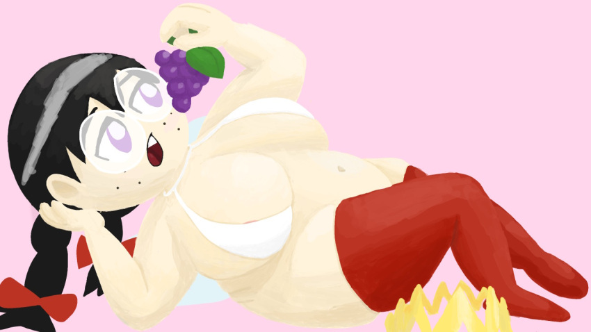 bbw belly belly_button bikini_top black_hair bottomless breasts chubby chubby_female cleavage cute eating fat fat_rolls female freckles glasses grapes kirby_(series) kirby_64 large_breasts lazy nerd nipple_slip purple_eyes queen queen_ripple relaxing royalty thick_thighs thighhighs twintails