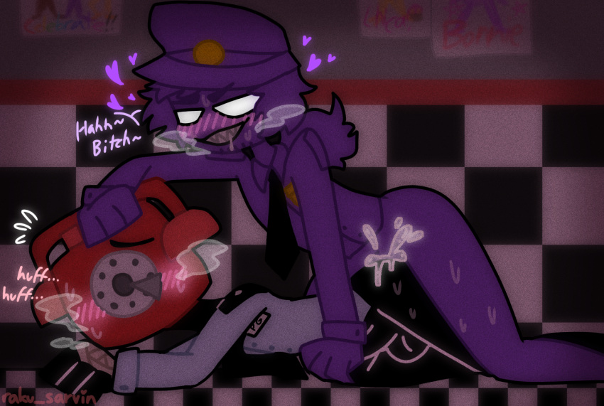 2boys black_body blank_eyes blush checkered_floor cum cum_in_ass cum_inside english_text five_nights_at_freddy's gay grabbing_head hat held_down male/male male_only non-human nonconsensual object_head on_floor orgasm penetration penis phone_guy_(fnaf) purple_guy_(fnaf) purple_hair purple_skin raku_sarvin rape sharp_teeth sweat uniform