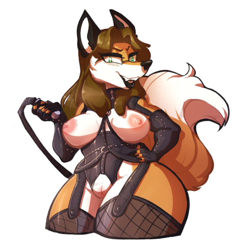 anthro areola bondage_gear breasts brown_hair canid canine cassie_(foxydude) clothed clothing coffuu eyewear female fox genitals glasses hair hi_res legwear lips mammal nipples pussy skimpy solo standing stockings thick_bottom_lip whip