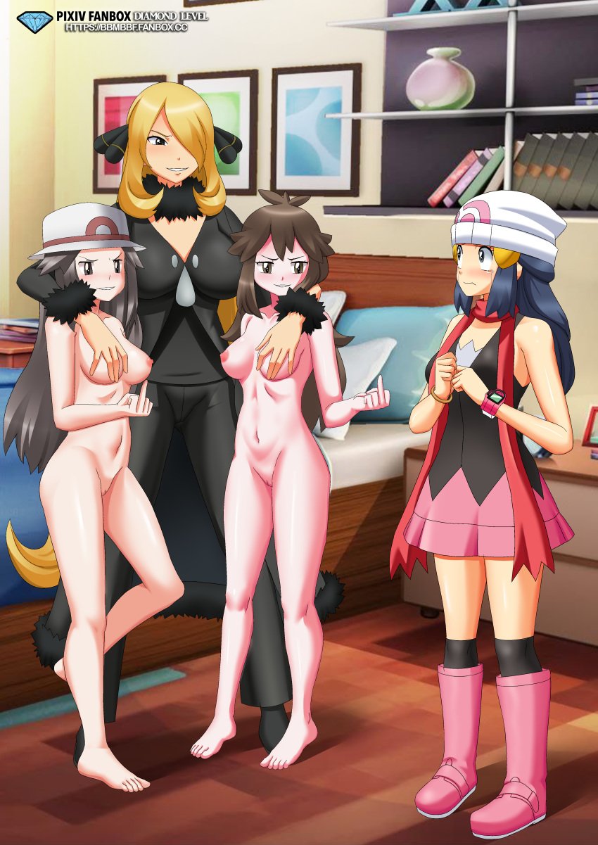 4girls age_difference areolae bbmbbf blonde_hair blue_eyes blue_hair breast_grab breasts brown_eyes brown_hair cheating clothed clothing couple crying crying_with_eyes_open cuckquean cynthia_(pokemon) dawn_(pokemon) diamond_level evil_grin evil_smile female female_focus female_only flippers flipping_the_bird glaring green_(pokemon) grey_eyes hat height_difference leaf_(pokemon) long_hair middle_finger multiple_girls nipples nude nude_female palcomix pietros_secret_club pokemon pokemon_bdsp pokemon_dppt pokemon_frlg pokemon_lgpe pokemon_rgby pussy sad sex skirt tears threesome time_paradox yuri