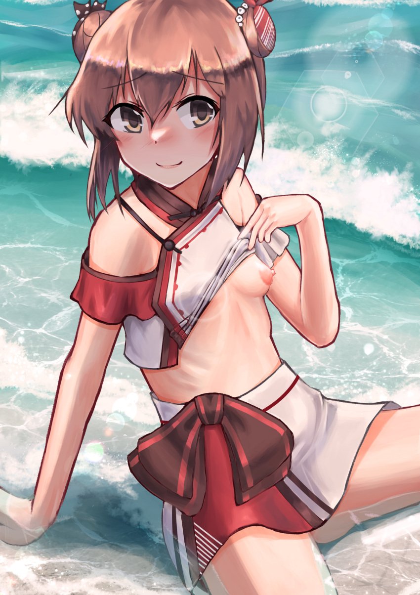 arm_support bob_cut breasts brown_eyes brown_hair bun_cover chinese_clothes clothes_lift commentary double_bun female highres kantai_collection lifted_by_self looking_at_viewer midriff multicolored_clothes nipples ocean owada_(kousonhuchi) partially_submerged red_skirt ribs saliva saliva_trail shirt shirt_lift short_hair sitting skirt sleeveless sleeveless_shirt small_breasts solo textless two-tone_skirt waves white_skirt yukikaze_(kantai_collection)