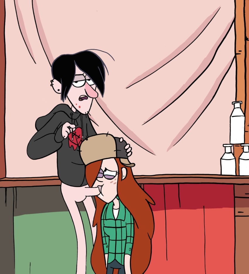 1boy 1girls black_hair checkered_shirt earrings fellatio female freckles ginger gravity_falls hand_on_head kneeling male oral orange_hair penis pubic_hair red_hair robbie_valentino smooth_skin smutterfinger tears wendy_corduroy