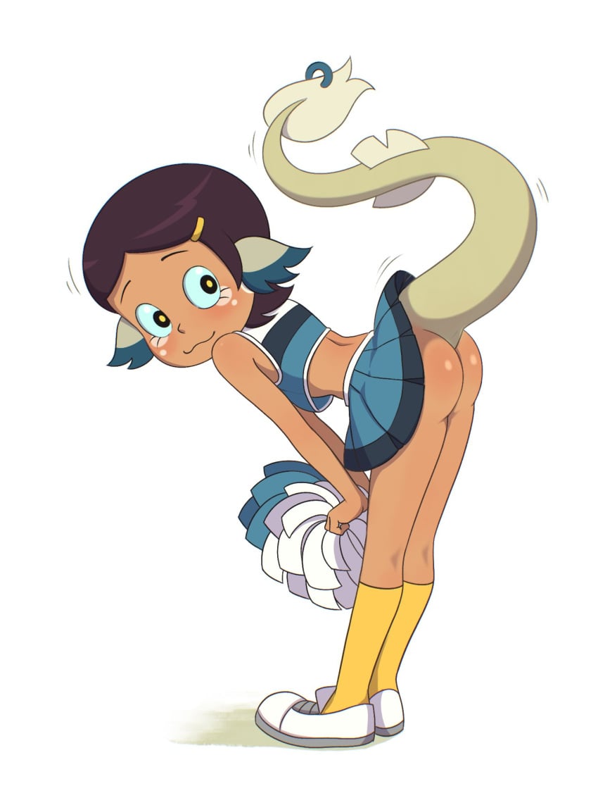 3:4 :3 accessory anthro ass ass_up bent_over blue_sclera blush bottomwear breasts brown_hair cheerleader_outfit clothed clothing clothing_lift dark_body dark_skin demon demon_humanoid disney disney_channel disney_xd female furgonomics furry-specific_piercing greater_basilisk green_body green_scales h_space hair hair_accessory hairclip hi_res hspace humanoid looking_at_viewer looking_back piercing pom_poms presenting raised_tail reptile scales scalie scaly_tail skirt skirt_lift small_breasts smile smooth_skin snake solo spots spotted_body tail_piercing the_owl_house vee_(the_owl_house) white_background yellow_eyes