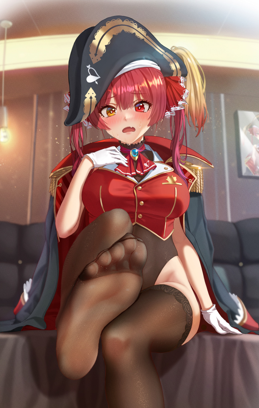 1girls black_legwear breasts feet female foot_fetish foot_focus heterochromia hololive hololive_fantasy hololive_japan houshou_marine k.pumpkin leotard looking_at_viewer pirate_hat red_hair soles solo tagme toes virtual_youtuber