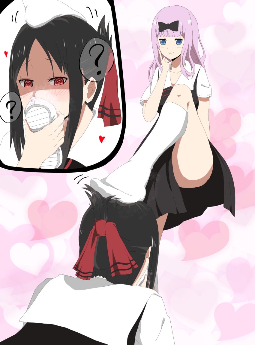 2girls black_hair blue_eyes blush bow brainwashing calm confusion degradation femdom femsub foot_fetish foot_focus foot_worship fujiwara_chika heart heart_background holding_shoes hypnosis hypnotic_smell in_love kaguya-sama_wa_kokurasetai_~tensai-tachi_no_renai_zunousen~ long_socks movement_lines multiple_girls musk on_hands_and_knees petting pink_hair pointing ponytail question_mark red_eyes ribbon rubbing school_shoes school_uniform schoolgirl shinomiya_kaguya shoe_sniffing shoes sitting_on_air skirt_lift smell smelling_shoe smile smug sniffing socks speech_bubble spiral_eyes stepped_on thighs worship yuri ze_r0_ze_r0