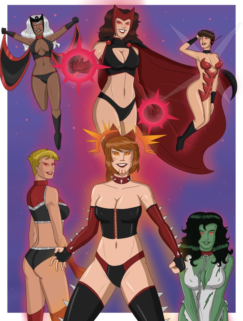 2d_(artwork) 6girls 82d african african_female age_difference ass avengers big_ass big_breasts big_butt black_corset blonde_hair boob_window brown_hair captain_marvel carol_danvers chained_collar chains cleavage collar corrupted corset corset_bra dark-skinned_female dark_skin female female_only femsub flying full_body glowing_eyes green_skin highres hope_van_dyne hounds_(marvel) large_breasts marvel marvel_comics mind_control multiple_girls muscular_female ororo_munroe pinup polmanning poster rachel_grey rachel_summers red_corset revealing_clothes scarlet_witch she-hulk simple_background size_difference storm_(x-men) tiara tight_clothing torn_clothes torn_clothing upper_body wanda_maximoff wasp_(marvel) wavy_hair white_border white_hair x-men