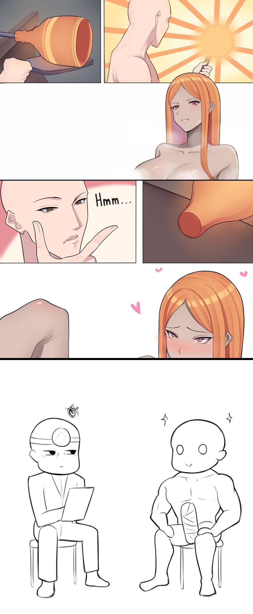 1girls 2021 2boys 7koma :> absurd_res annoyed bald bald_guy_(band-width) band-width bandage bandages blush breasts brown_eyes chibi cleavage clipboard cock_and_ball_torture comic dark-skinned_female dark_skin doctor eyebrows_visible_through_hair fellatio female half-closed_eyes hands_on_legs head_mirror heart heart-shaped_pupils highres holding_clipboard implied_fellatio large_breasts long_hair looking_at_another looking_at_viewer looking_up male matching_hair/eyes multiple_boys muscles muscular muscular_male oral orange_eyes orange_hair original penis personification pervert sitting smile sparkle squiggle squint stool tan teeth text thighs thinking uniform