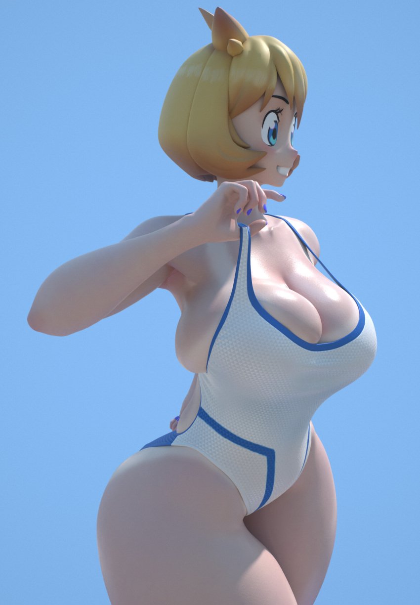 3d alternate_breast_size blue_eyes breasts clothing competition_swimsuit cowboy_shot curvaceous female game_freak high_resolution hips huge_breasts kasumi_(pokemon) large_breasts legs misty_(pokemon) muscle navel nintendo one-piece_swimsuit open_mouth orange_hair pokemon pokemon_(game) pokemon_gsc pokemon_hgss sandals simple_background smile solo standing swimsuit tank_suit thick_thighs thighs usukeninja white_swimsuit wide_hips