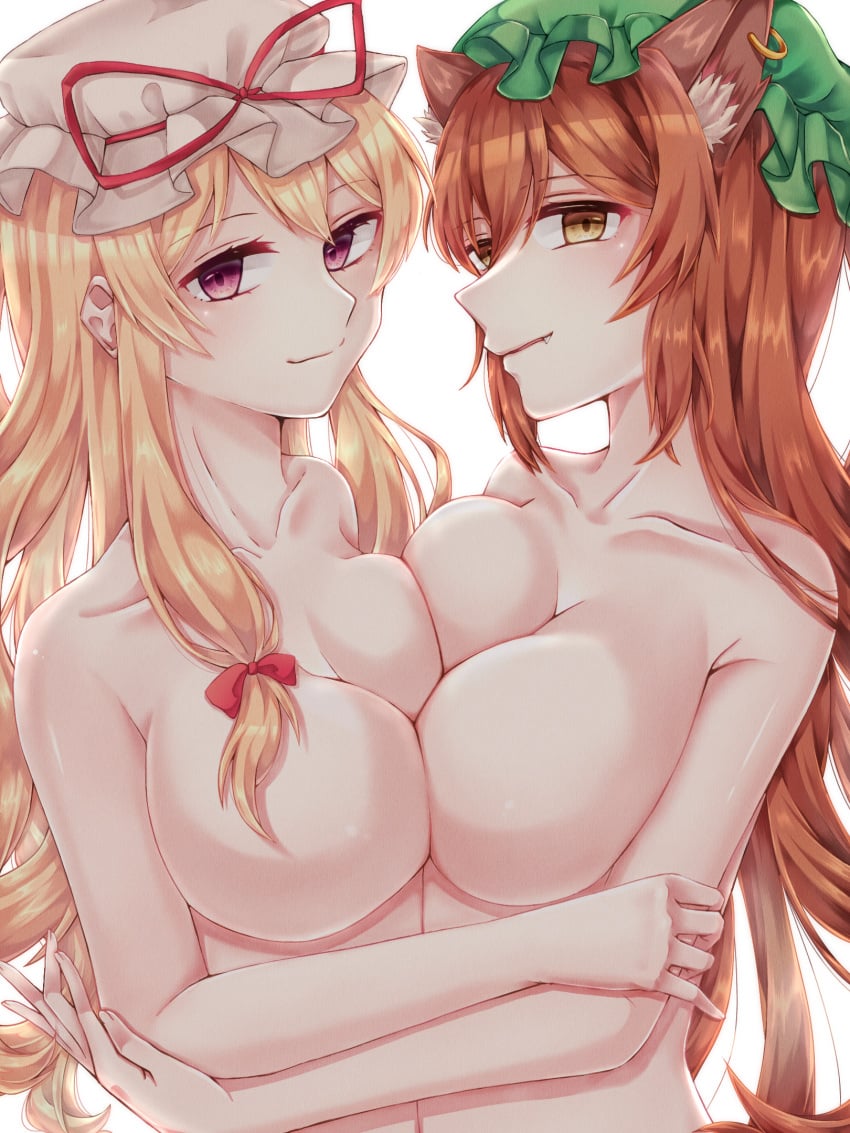 2girls animal_ear_fluff animal_ears asymmetrical_docking bangs blonde_hair bow breast_press breasts brown_eyes brown_hair cat_ears chen closed_mouth commentary_request completely_nude earrings eyebrows_visible_through_hair fang_out green_headwear hair_ribbon hairbow hat highres jewelry large_breasts light_blush long_hair looking_at_viewer mayor mob_cap multiple_girls nude oerba_yun_fang older purple_eyes red_bow ribbon shadow simple_background single_earring smile touhou tress_ribbon upper_body very_long_hair white_background white_headwear yukari_yakumo yuri