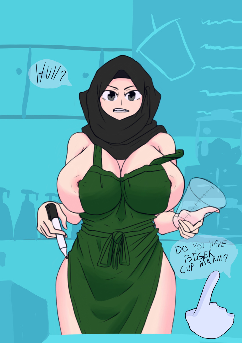 apron barista breasts coffee female hijab huge_breasts iced_latte_with_breast_milk islam mrtunart muslim