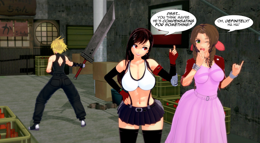 2girls 2girls1boy 3d aerith_gainsborough buster_sword cloud_strife compensating_for_something compensation final_fantasy final_fantasy_vii final_fantasy_vii_remake humiliation koikatsu large_breasts medium_breasts misunderstoodsecrets pinching_gesture pinky_out small_penis_humiliation sph_sign teasing tifa_lockhart