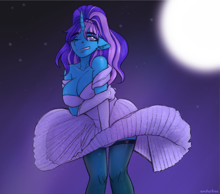 anthro clothing enderbee moon my_little_pony night skirt skirt_lift tagme thighhighs unicorn