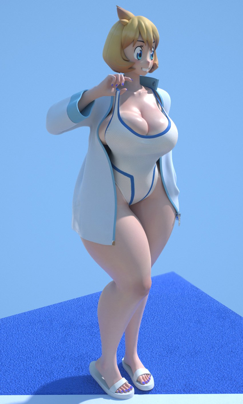 3d alternate_breast_size blue_eyes breasts clothing competition_swimsuit cowboy_shot curvaceous female footwear game_freak high_resolution hips huge_breasts jacket kasumi_(pokemon) large_breasts legs misty_(pokemon) muscle navel one-piece_swimsuit open_clothes open_jacket open_mouth orange_hair pokemon pokemon_(game) pokemon_gsc pokemon_hgss sandals simple_background smile solo standing swimsuit swimsuit_under_clothes tank_suit thick_thighs thighs usukeninja white_jacket white_swimsuit wide_hips