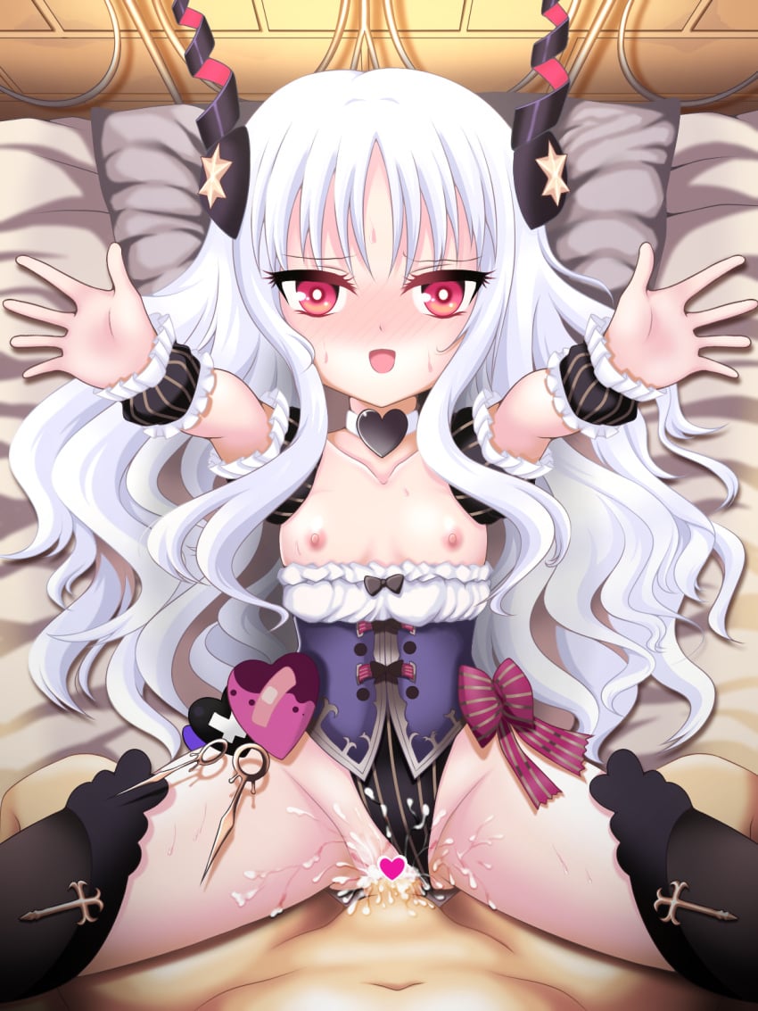 1boy :d aruka_&_roido black_legwear blush breasts breasts_out caren_hortensia caren_hortensia_(amor_caren) caren_ortensia censored choker clothed_female_nude_male clothing_aside cum cum_in_pussy cum_on_clothes eyebrows_visible_through_hair fate/grand_order fate_(series) female from_above happy_sex heart heart_censor heart_choker highleg highleg_leotard highres leotard leotard_aside looking_at_viewer lying missionary nipples nose_blush nude on_back on_bed open_mouth outstretched_arms overflow penis pillow pov puffy_short_sleeves puffy_sleeves red_eyes sex shiny shiny_skin short_sleeves small_breasts smile solo_focus spread_legs straight sweat thighhighs vaginal_penetration wavy_hair white_hair wrist_cuffs