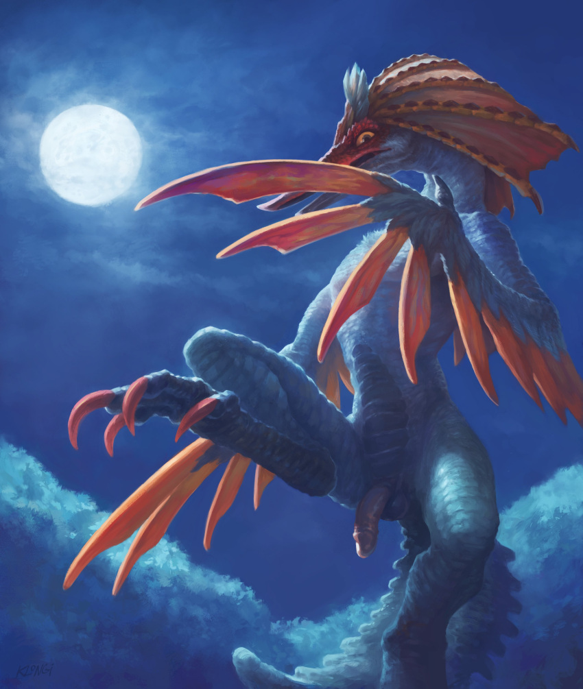 1boy 2022 absurd_res aknosom anthro balls beak biped bird_wyvern capcom claws digital_media_(artwork) flaccid flying_wyvern full_moon genitals hi_res humanoid_genitalia humanoid_penis klongi looking_down_at_viewer low-angle_view male male_only monster_hunter monster_hunter_rise moon night_sky one_leg_up outside penis raised_leg red_beak red_body scales solo toe_claws video_games white_body white_scales winged_arms wings yellow_sclera