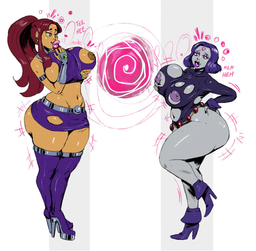 2girls alien alien_girl ass ass_expansion big_lips bimbo bimbofication bimbosparkle brainwashing breast_expansion breasts bursting_breasts dc dc_comics duo female female_only huge_ass huge_breasts human leotard lip_expansion multiple_girls nipples overweight overweight_female purple_hair rachel_roth raven_(dc) red_hair redblacktac redfred ripped_clothing starfire teen_titans transformation weight_gain