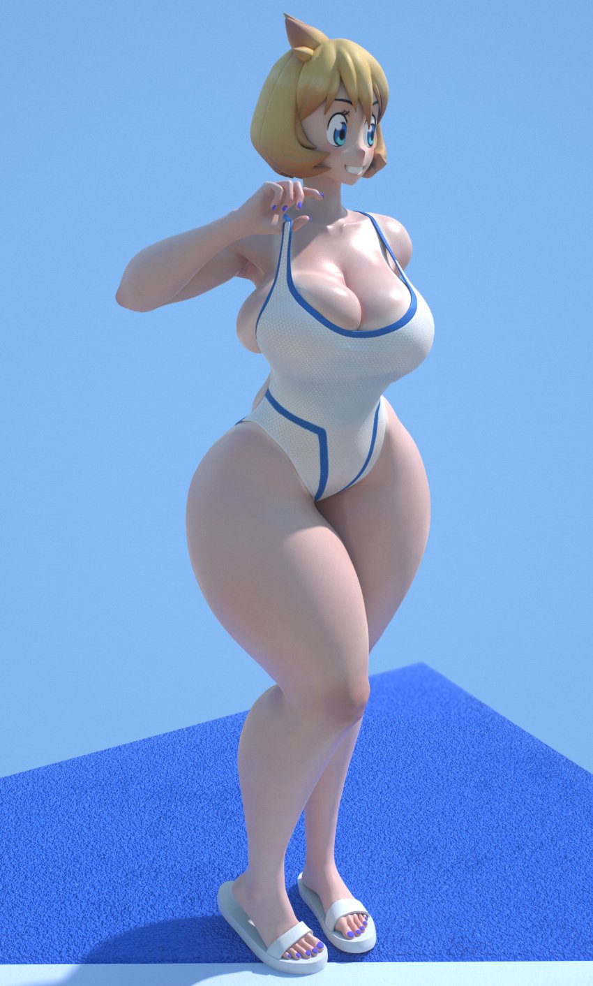 3d alternate_breast_size blue_eyes breasts clothing competition_swimsuit cowboy_shot curvaceous female footwear game_freak high_resolution hips huge_breasts kasumi_(pokemon) large_breasts legs misty_(pokemon) muscle nintendo one-piece_swimsuit orange_hair pokemon pokemon_(game) pokemon_gsc pokemon_hgss sandals simple_background smile solo standing swimsuit tank_suit thick_thighs thighs usukeninja white_swimsuit wide_hips