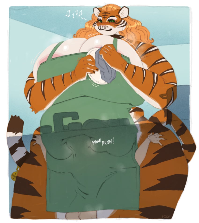 1boy 1girls 5_fingers accessory anthro apron areola ass bare_butt bell bell_on_tail belly belly_overhang big_breasts biped blonde_hair bouncing_breasts breasts cleavage cleavage_overflow clothed clothing colored digital_media_(artwork) dipstick_tail dishes duo eyelashes felid female femdom fingernails fingers front_view fur furgonomics furniture glistening glistening_body grabbing green_clothing green_eyes hair hi_res huge_breasts human human_on_anthro inner_ear_fluff inside_clothing interspecies larger_female long_hair mammal markings motion_lines multicolored_body multicolored_fur musical_note musical_symbol nails onomatopoeia orange_body orange_fur pantherine partially_clothed pupils rebecca_(liveiron) roly signature simple_background sink size_difference slightly_chubby slightly_chubby_female smile sound_effects steam_clouds steaming striped_body striped_markings striped_tail stripes symbol tail tail_accessory tail_bell tail_markings text thick_thighs tiger translucent_object transparent_object tuft vowelless vowelless_vocalization washing_dishes white_inner_ear white_inner_ear_fluff wide_hips