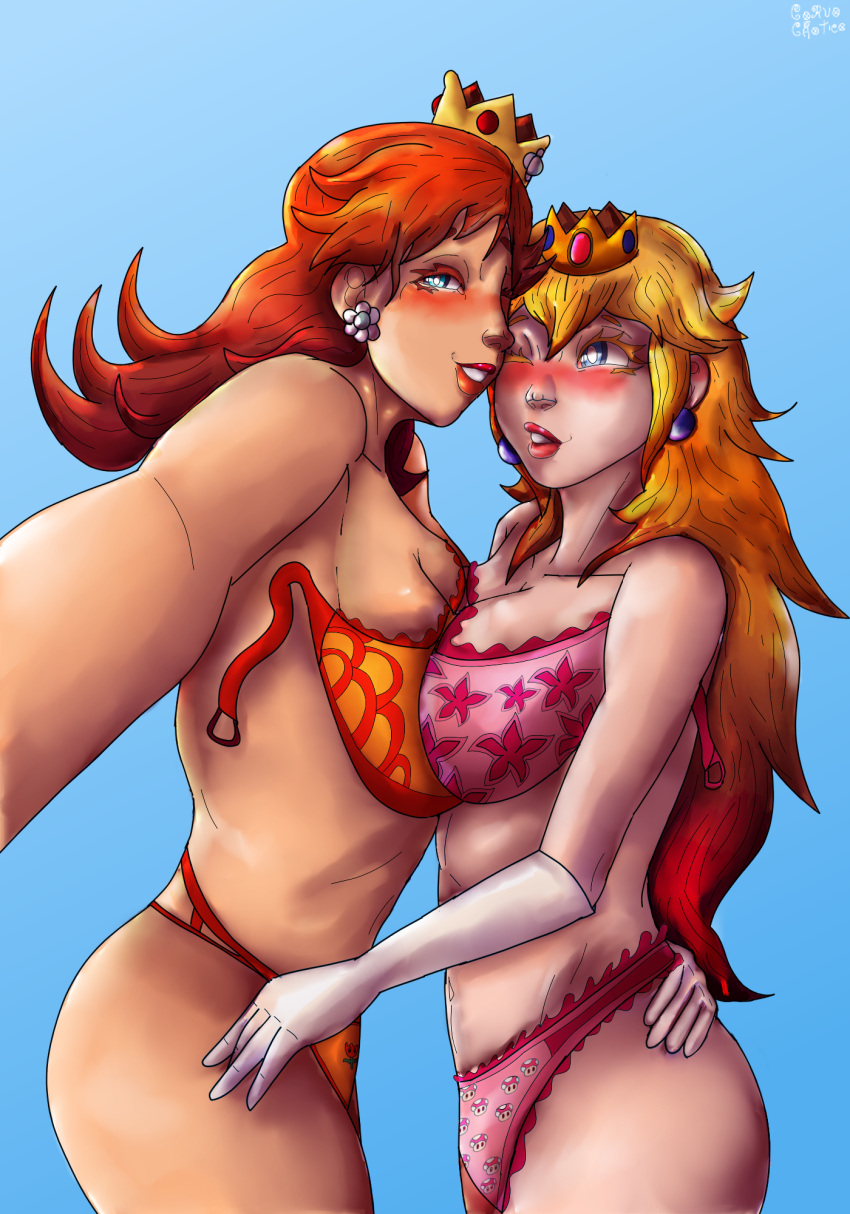 bikini blonde_hair brown_hair corvo_caotico mario_(series) nintendo princess_daisy princess_peach selfie yuri