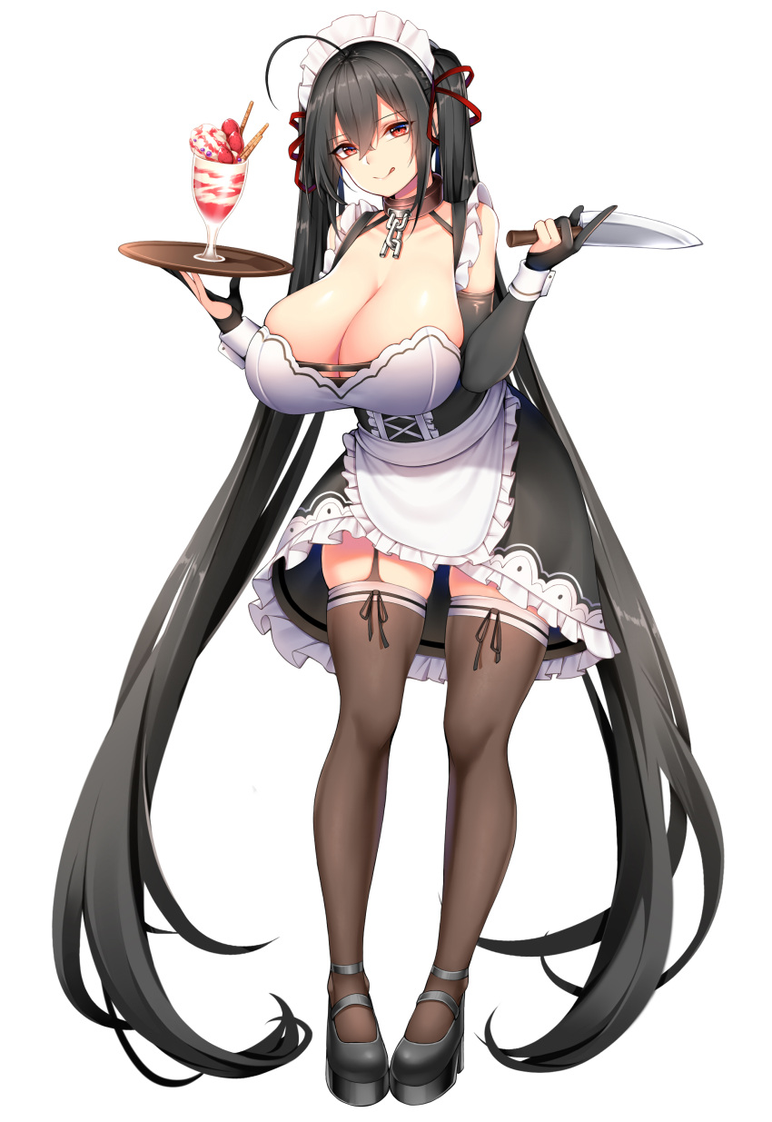 1girls :p ahoge azur_lane black_hair bursting_breasts chains chixiao cleavage collar eyebrows_visible_through_hair female female_only full_body hair_between_eyes hairband huge_breasts ice_cream knife large_breasts licking_lips maid maid_apron maid_headdress maid_uniform red_eyes serving_tray solo taihou_(azur_lane) thick_thighs thighhighs twintails very_long_hair white_background wrist_cuffs yandere