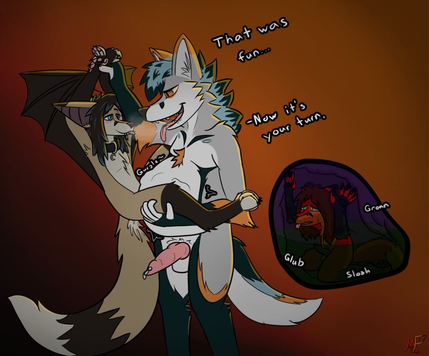 after_sex anatomically_correct anatomically_correct_genitalia andromorph_(lore) anthro ash_(metal_fox) bat bat_wings blep bodily_fluids breath canid canine collar cuckold cum cum_on_own_penis cum_on_penis cum_on_self cum_on_tail english_text fox genital_fluids genitals gradient_background group hi_res hybrid imminent_vore inside_stomach internal kiba_(crescentwolf) knot knotted_penis mace_(m4ysona) male male/male mammal maned_wolf membrane_(anatomy) membranous_wings metal_fox117 nonbinary_(lore) penis restrained rumbling_stomach saliva simple_background size_difference stomach_acid stomach_bulge tail text tongue tongue_out trio vore wings