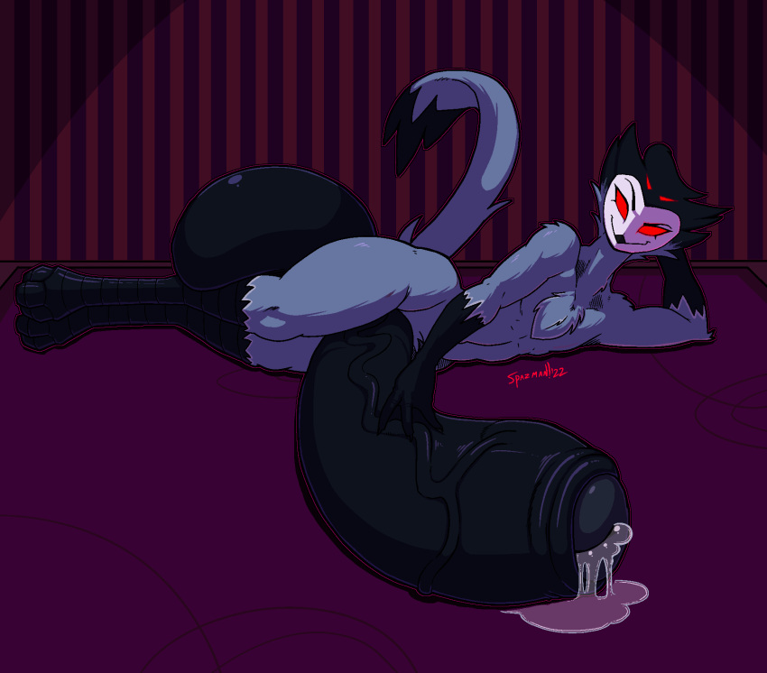 anthro avian balls bird bodily_fluids demon dripping excessive_size genital_fluids genitals helluva_boss hi_res hyper hyper_balls hyper_genitalia hyper_penis male owl owl_demon penis pinup pose precum precum_drip solo spazman stolas_(helluva_boss)