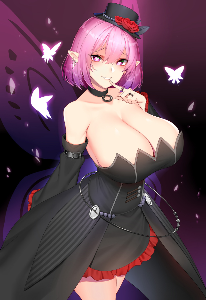 1girls black_dress bursting_breasts butterfly chixiao choker cleavage dress earrings elf elf_ears eyebrows_visible_through_hair female female_only finger_to_mouth frilled_dress frills hat heart-shaped_pupils huge_breasts large_breasts lucid_(maplestory) maplestory pink_eyes pink_hair pointy_ears ring roses short_hair smile solo standing