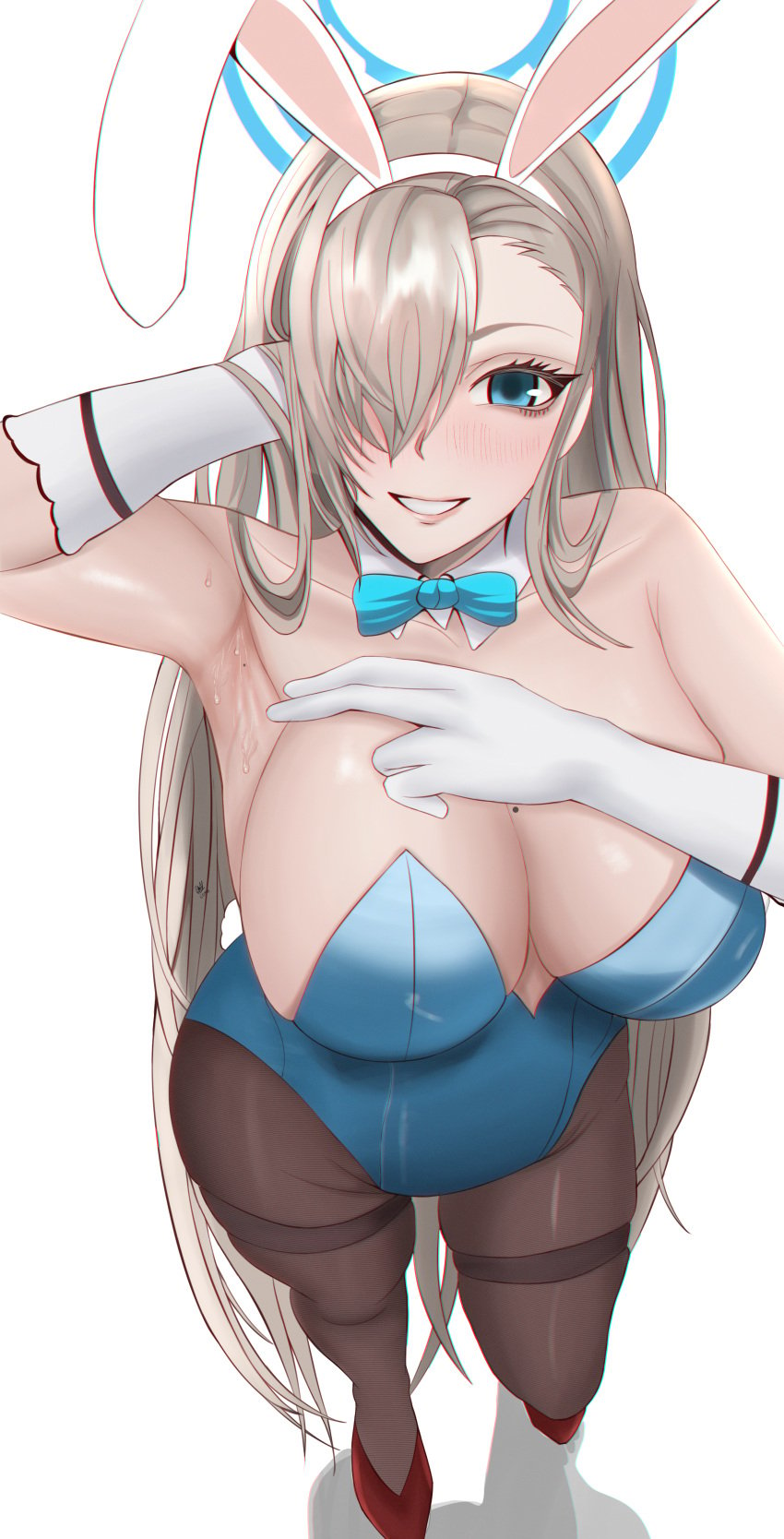 absurdres arm_up armpit armpit_fetish armpit_focus armpit_spread asuna_(blue_archive) asuna_(bunny)_(blue_archive) big_breasts blue_archive blue_bow blue_leotard blue_ribbon blush bow bunny_ears cleavage detached_collar edmun gloves hair_over_one_eye leotard looking_at_viewer mole mole_on_armpit pantyhose playboy_bunny simple_background smile smiling spread_armpit spreading_armpit standing sweat sweatdrop sweaty_armpit wet_armpit white_background