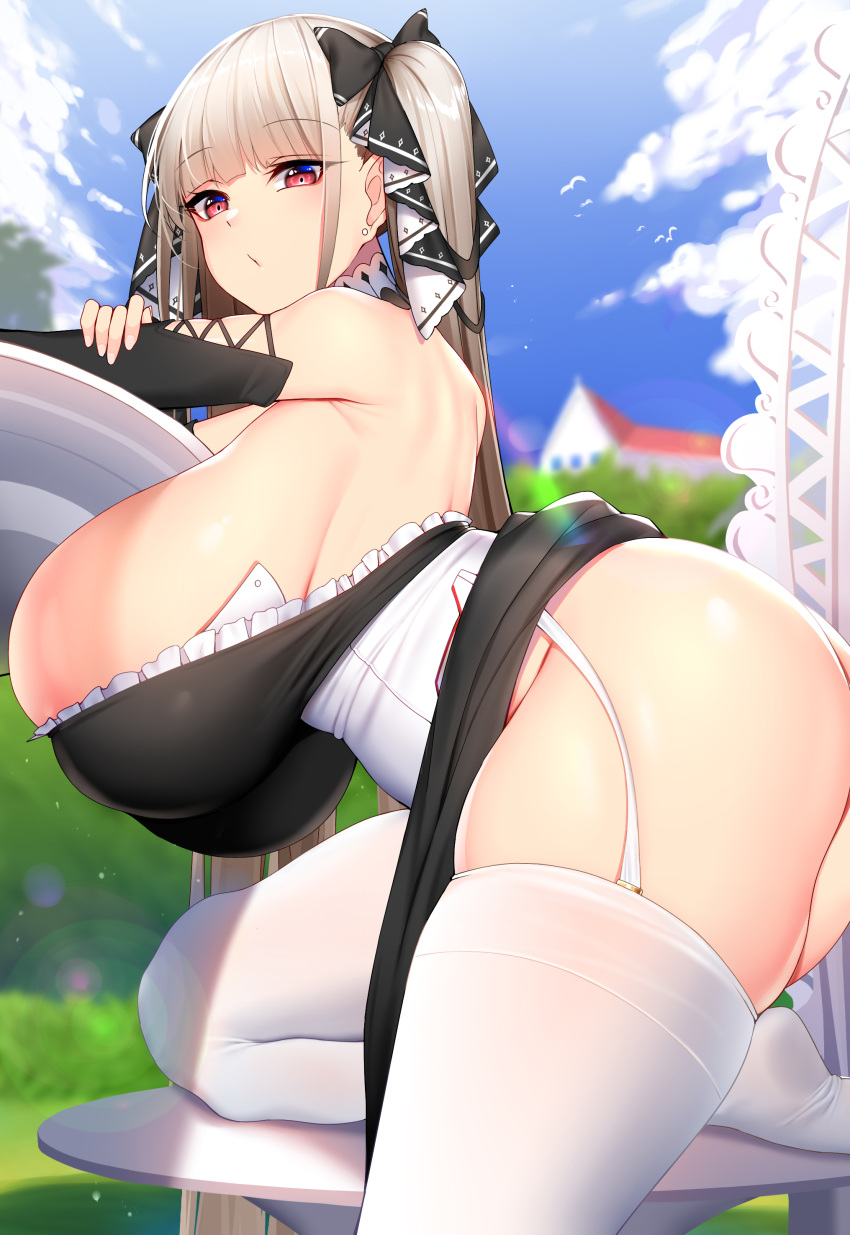 1girls azur_lane breasts bursting_breasts chixiao chubby earrings eyebrows_visible_through_hair female female_only formidable_(azur_lane) grey_hair hair_ribbon huge_ass huge_breasts large_breasts leaning_on_object maid maid_uniform nature_background pony red_eyes sky solo stockings thick_thighs twintails very_long_hair voluptuous white_stockings