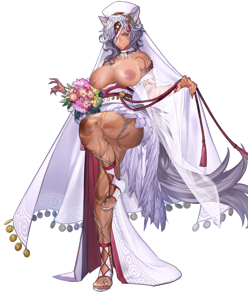 1girls alternate_costume artist_request ass bare_legs bouquet breasts breasts_out bride dark-skinned_female dark_skin edit edited_official_artwork female_focus fire_emblem fire_emblem:_radiant_dawn fire_emblem_heroes flower green_eyes grey_hair large_breasts leg_up nail_polish nailah_(bridal)_(fire_emblem) nailah_(fire_emblem) nintendo nipples nude_filter official_alternate_costume official_art pussy red_nails see-through solo source_request veil wedding_dress wolf_girl