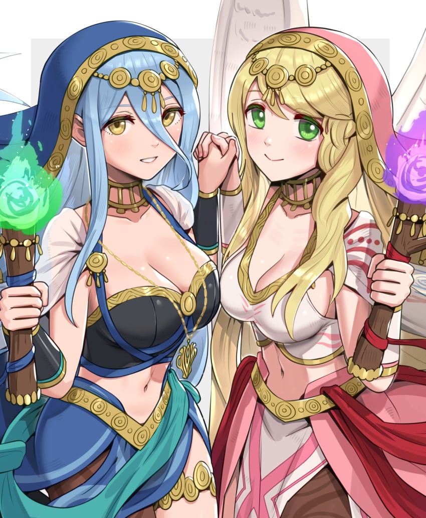 2girls alternate_costume angel_wings azura_(fire_emblem) azura_(hatari)_(fire_emblem) bandeau bangs black_bandeau blonde_hair blue_cape blue_hair blush breasts cape circlet cleavage collar collarbone commentary_request cowboy_shot dancer eyebrows_visible_through_hair feathered_wings female_only fire_emblem fire_emblem:_radiant_dawn fire_emblem_fates fire_emblem_heroes gonzarez green_eyes hair_between_eyes hands_up highres holding holding_hands holding_torch large_breasts leanne_(fire_emblem) leanne_(hatari)_(fire_emblem) long_hair looking_at_viewer midriff multiple_girls navel nintendo official_alternate_costume parted_lips partial_commentary see-through sidelocks single_leg_pantyhose smile standing thighlet torch vambraces veil very_long_hair waist_cape white_bandeau white_cape white_wings wings yellow_eyes