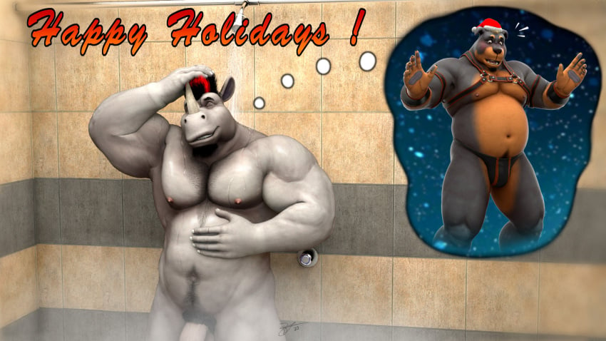 2020 abs anthro belly biceps black_body black_fur black_hair blush body_hair braford brown_body brown_fur canid canine canis chest_hair christmas chuck_(braford) clothing dated domestic_dog duo english_text facial_hair faucet fur goatee grey_body grey_skin hair hand_in_hair happy_holidays harness hi_res holidays julian_(braford) male mammal mastiff molosser musclegut navel new_year_2021 nipples nude pawpads pecs pictographics pubes red_hair rhinoceros rottweiler shower signature snow snowing steam surprised_expression text thong thought_bubble tile tile_wall touching_hair triceps underwear wall_(structure) wet wet_body wet_skin wristband