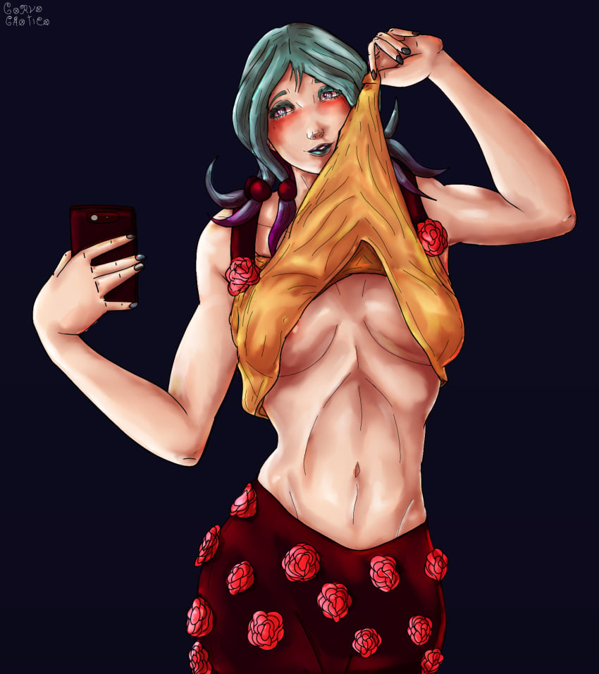 1girls blue_eyes blue_hair corvo_caotico female female_only hirose_yasuho jojo's_bizarre_adventure jojolion selfie showing_breasts yasuho_hirose