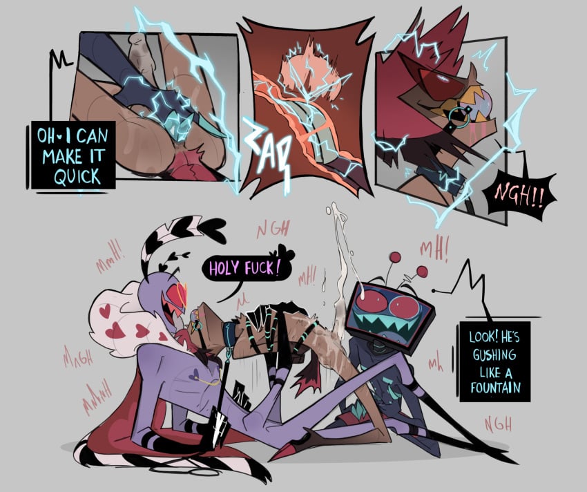 3boys alastor_(hazbin_hotel) anal_fingering arched_back ball_gag bondage collar craxkers cum cumming dialogue dubious_consent electrostimulation gag gagged gay hazbin_hotel hellaverse internal_anal internal_view large_penis leash leash_and_collar leash_pull male_only mmm_threesome penis shocked threesome valentino_(hazbin_hotel) vox_(hazbin_hotel) wide_eyed yaoi