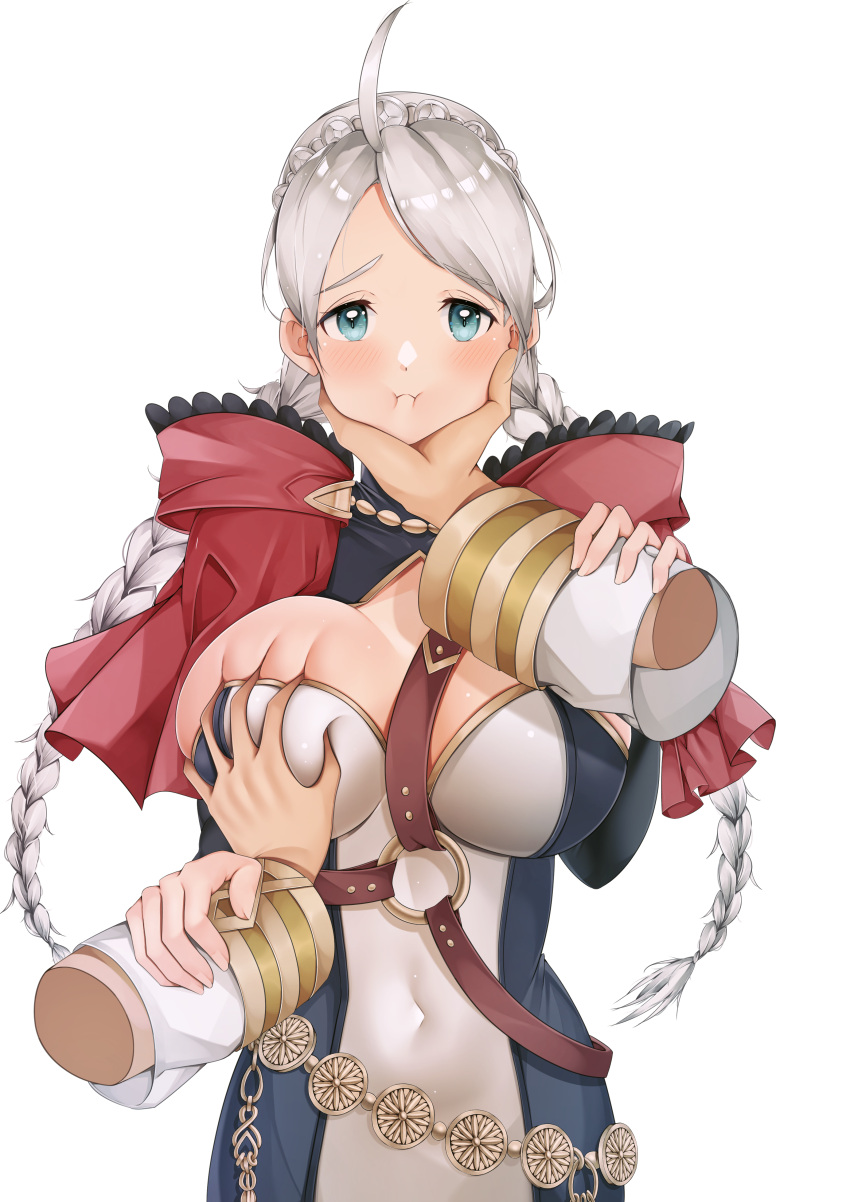 1boy 1girls :i :t absurdres adorable ahoge bangs belt blue_eyes braid breast_grab breasts capelet chest_harness cleavage closed_mouth commission couple covered_navel cute cute_face disembodied_limb face_grab female female_focus fire_emblem fire_emblem_fates fire_emblem_heroes grabbing grayfox hairband harness highres hood hood_down hooded_capelet key kiran_(fire_emblem) kiran_(fire_emblem)_(male) large_breasts leather_strap long_hair looking_at_viewer male male_pov nina_(fire_emblem) nintendo non-web_source parted_bangs pov red_hood solo_focus squishing straight turtleneck twin_braids upper_body white_background white_hair white_hairband