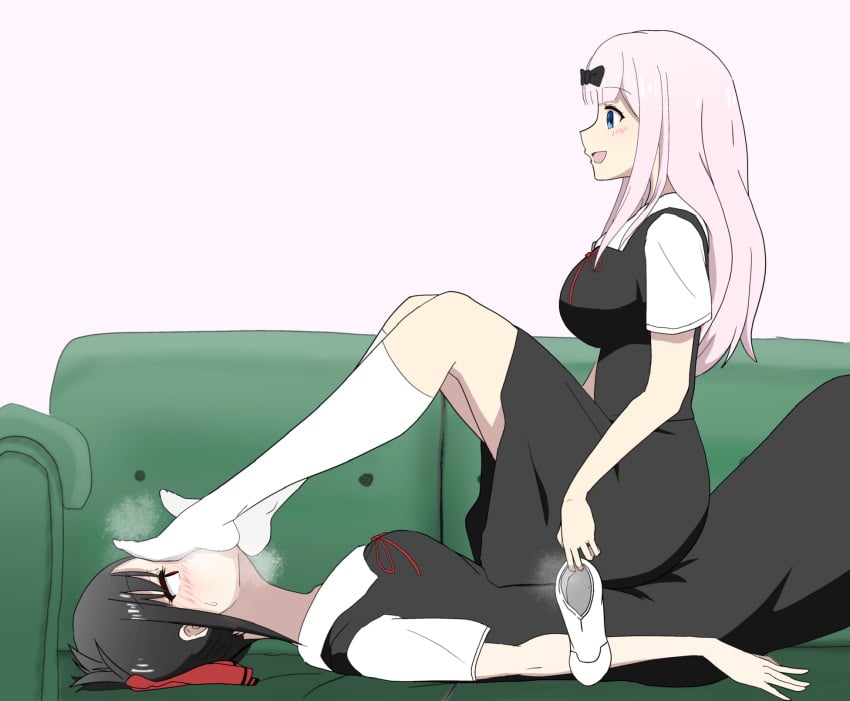 2girls big_breasts black_hair blue_eyes blush bow brainwashing breasts calm couch feet female female_only femdom femsub foot_fetish footwear fujiwara_chika helpless holding_shoes human hypnosis hypnotic_smell kaguya-sama_wa_kokurasetai_~tensai-tachi_no_renai_zunousen~ laying_on_couch long_hair long_socks looking_down_at_partner looking_up multiple_girls musk nervous pink_background pink_hair red_eyes ribbon school_shoes school_uniform schoolgirl shinomiya_kaguya sitting_on_person smell smile sniffing socks stepped_on stepping_on_head submissive sweat worship yuri ze_r0_ze_r0