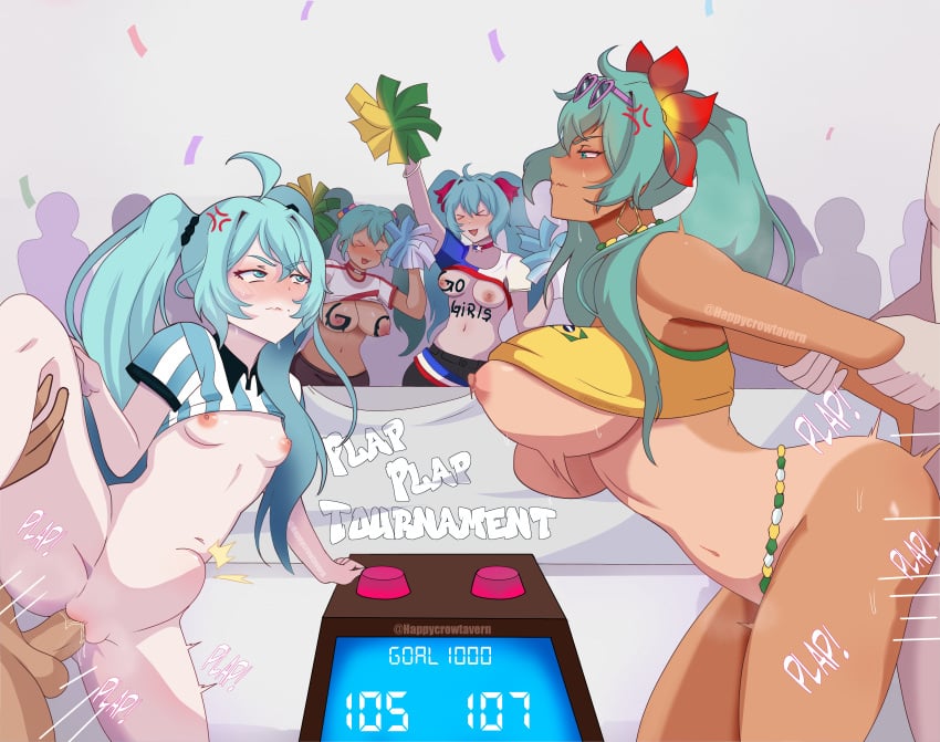 4girls absurdres anger_vein aqua_hair argentina argentinian_flag argentinian_flag_print argentinian_miku arm_held_back artist_name ass bead_choker beads bent_over blush body_writing bouncing_breasts brazil brazilian_flag brazilian_flag_print brazilian_miku breast_size_difference breasts cheering chile commentary competition competitive_sex confetti cropped_shirt crowd dark-skinned_female dark-skinned_male dark_skin doggy_style earrings english_commentary flag_print glaring group_sex hair_ornament hanging_breasts happycrowtavern hatsune_miku heart heart-shaped_eyewear height_difference highres interracial jewelry large_breasts leg_up medium_breasts multiple_boys multiple_girls multiple_persona nipples nude orgy penis peru peruvian_miku_(ben_sadfleck) pom_pom_(cheerleading) sex sex_from_behind small_breasts stomach_bulge straight tan tanlines twitter_username uncensored v-shaped_eyebrows vaginal_penetration vocaloid watermark worldwide_miku