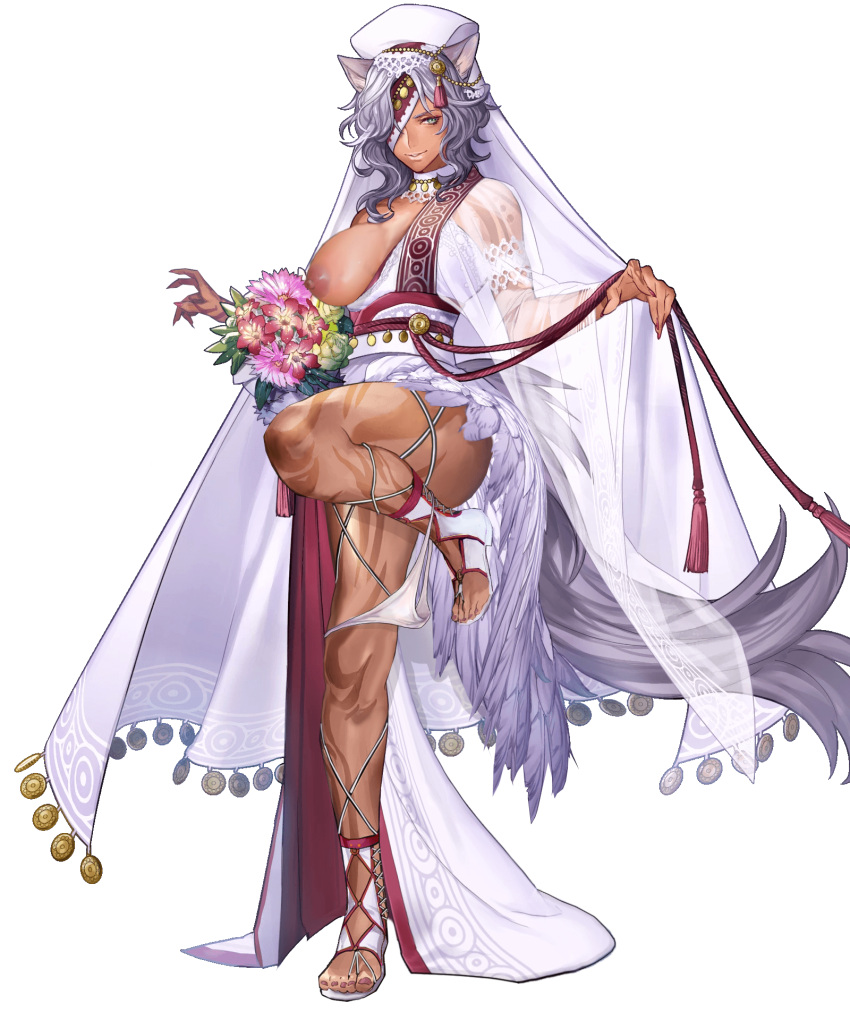 1girls alternate_costume artist_request bare_legs bouquet breasts breasts_out bride dark-skinned_female dark_skin edit edited_official_artwork female_focus fire_emblem fire_emblem:_radiant_dawn fire_emblem_heroes flower green_eyes grey_hair large_breasts leg_up nail_polish nailah_(bridal)_(fire_emblem) nailah_(fire_emblem) nintendo nipples nude_filter official_alternate_costume official_art one_breast_out panties panties_down red_nails see-through solo source_request veil wedding_dress white_panties wolf_girl