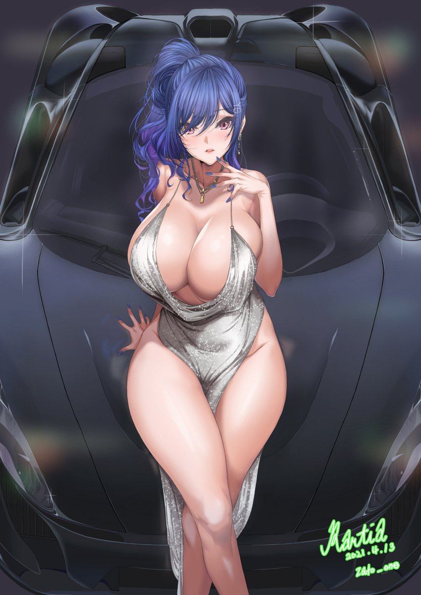 1girls absurd_res artist_name asymmetrical_hair azur_lane bangs bare_shoulders blue_hair blue_nails blush breasts car clavicle cleavage clothing curvaceous curvy_female dress elegant_dress eyebrows_visible_through_hair feet female fingernails hair_between_eyes hair_ornament headdress headwear hi_res huge_breasts jewelry light-skinned light-skinned_female lips long_hair long_skirt looking_at_viewer makeup navel no_bra open-back_dress open_mouth parted_lips pink_lips ponytail purple_eyes rantia revealing_clothes shiny shiny_skin signature skirt sleeveless sleeveless_dress st._louis_(azur_lane) st._louis_(luxurious_wheels)_(azur_lane) thighs tied_hair toes vehicle voluptuous