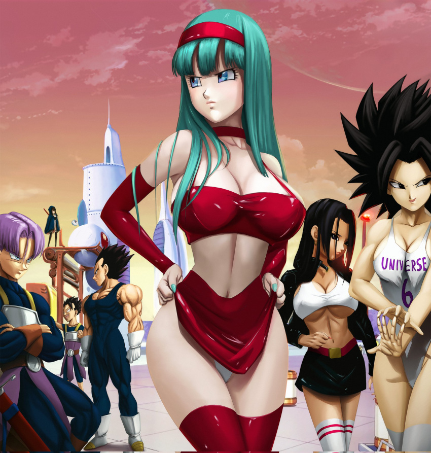 3boys 4girls aged_up big_breasts black_eyes black_hair blue_eyes blue_hair bra_(dragon_ball) bra_briefs breasts cabba caulifla cleavage dragon_ball dragon_ball_gt dragon_ball_super dragon_ball_z elitenappa female female_saiyan fit fit_female hard_nipples kale large_breasts lifting_skirt long_hair male male_saiyan pan_(dragon_ball) revealing_clothes saiyan thick_thighs thighs trunks_(dragon_ball) trunks_briefs underboob underwear vegeta