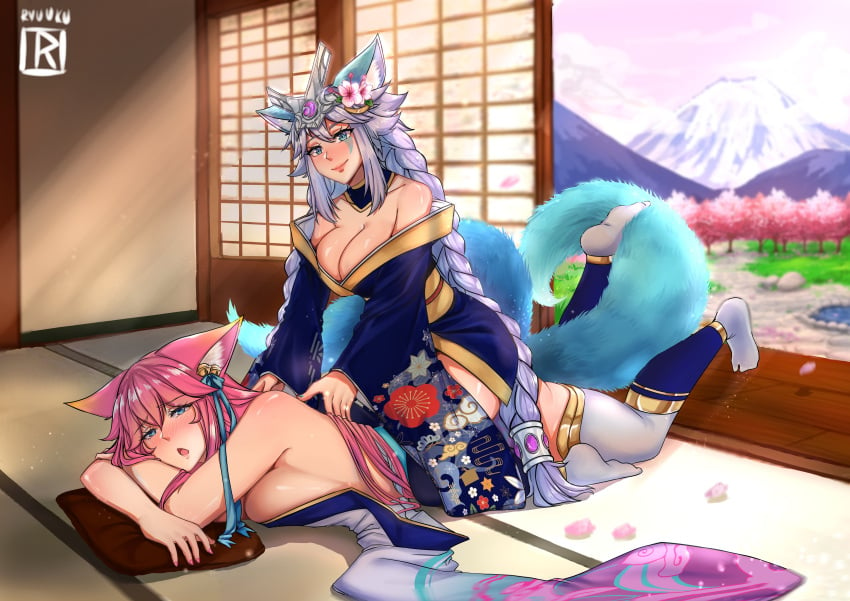 2girls affection ahri big_breasts blue_eyes blue_fur clothing female_only floral_print fox_ears fox_girl fox_tail io_(paladins) japanese_clothes kimono league_of_legends massage mountain paladins pink_hair riot_games ryuuku spirit_blossom_ahri spirit_blossom_series white_hair