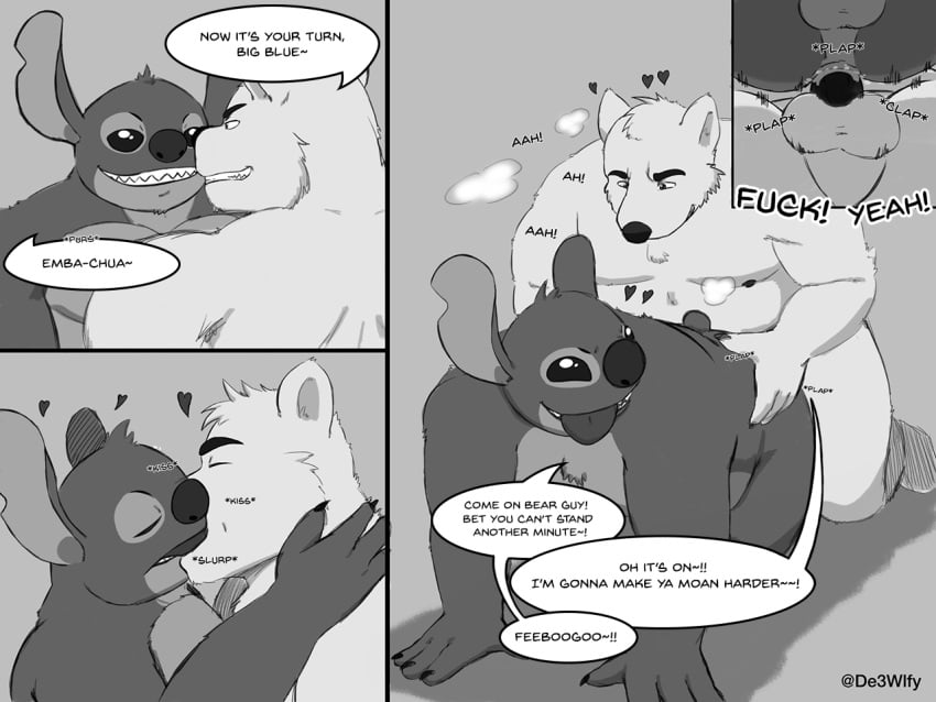 alien anal anthro anthrofied ass balls comic de3wlfy disney duo english_text erection experiment_(lilo_and_stitch) genitals himbo_stitch kissing lilo_and_stitch male male/male male_only male_penetrated male_penetrating male_penetrating_male mammal penetration penis polar_bear sex stitch text ursid ursine