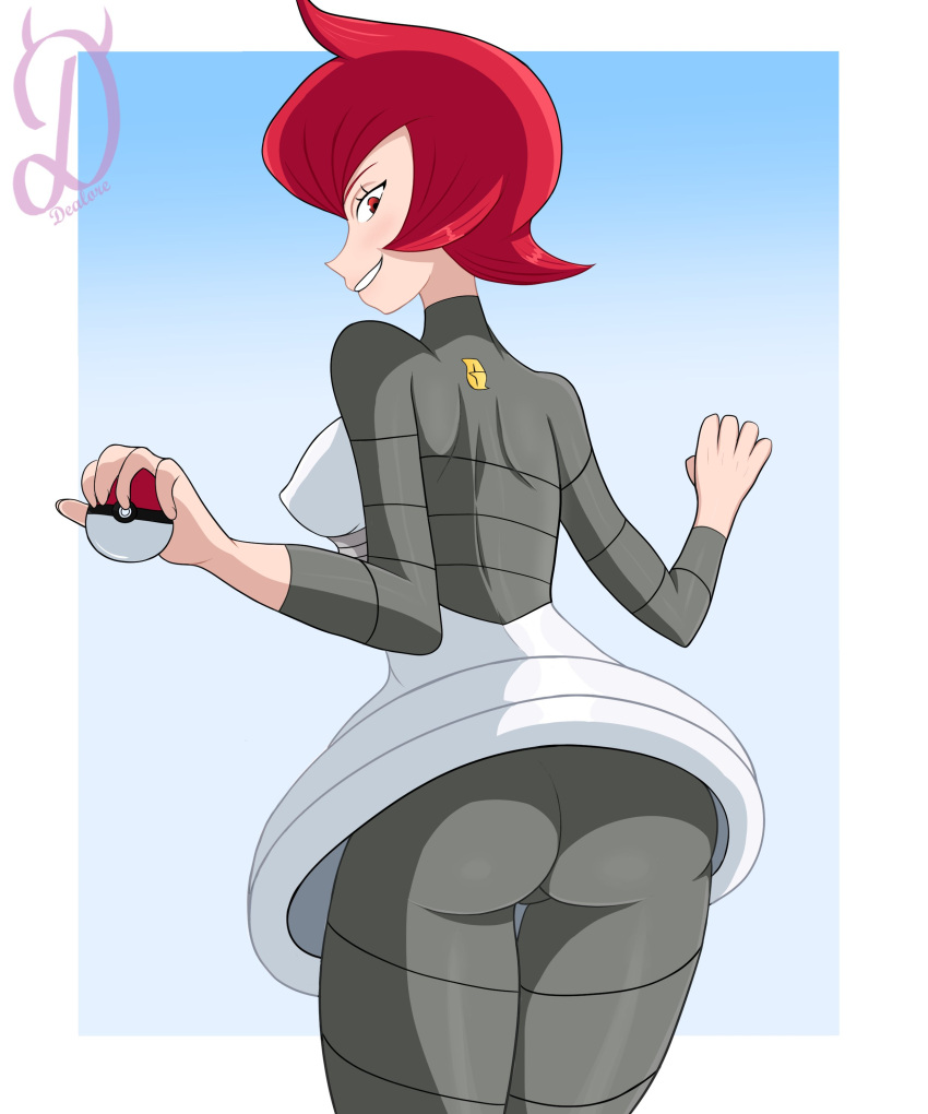 ass dealore mars_(pokemon) pokemon pokemon_dppt pokemon_trainer red_eyes red_hair showing_ass side_view skirt_lift skirt_up smiling_at_viewer smirking_at_viewer team_galactic