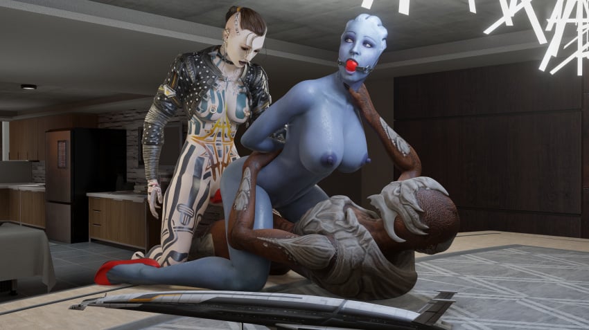 1girls 3d asari ball_gag blender breasts buttplug dildo female gag handcuffs jack_(mass_effect) liara_t'soni mass_effect nipples nude nude_female pussy rogat17 solo strap-on tagme turian